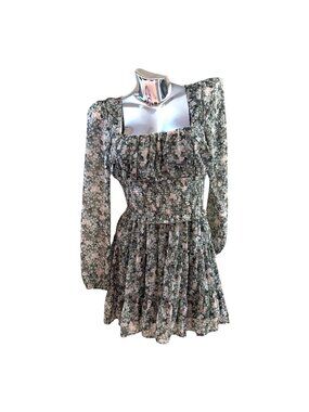 Trixxi Smocked Waist Mini Dress Size XS Floral Chiffon Tiered Milkmaid Coquette